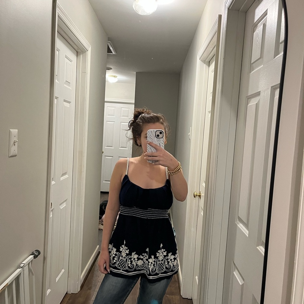 HeartSoul Navy Blue Tank Top with White Embroidery